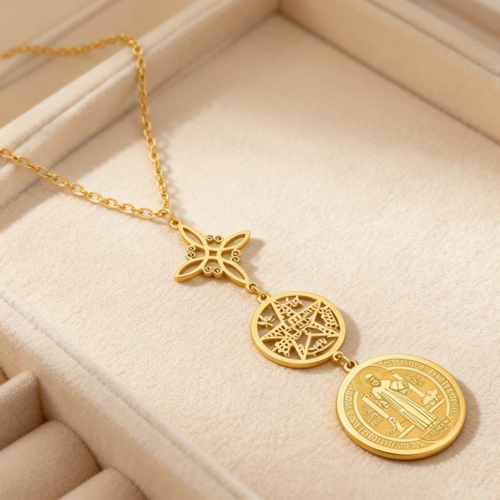 Stainless Steel Triple Protection Necklace Pentagram St Benedict Pendant