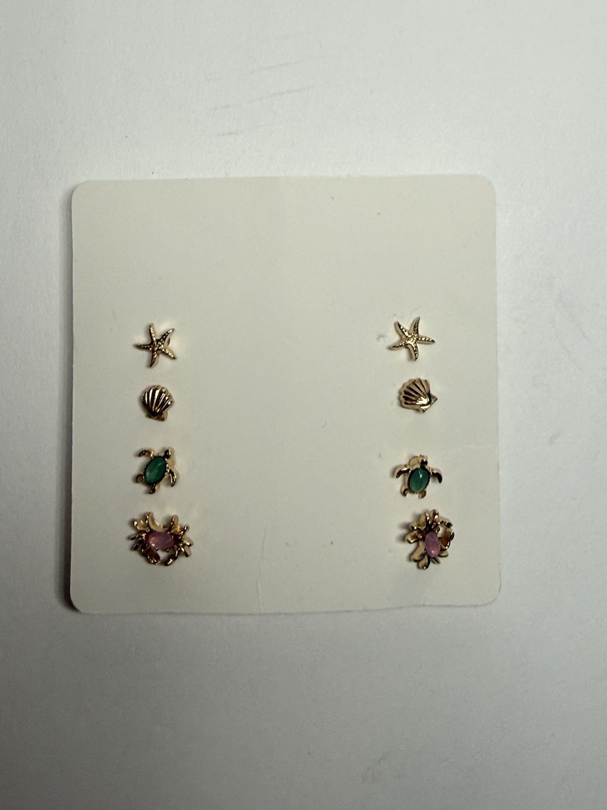 Set Of 4 Pairs Of Enamel Sea Shells & Gold Starfish Stud Earrings