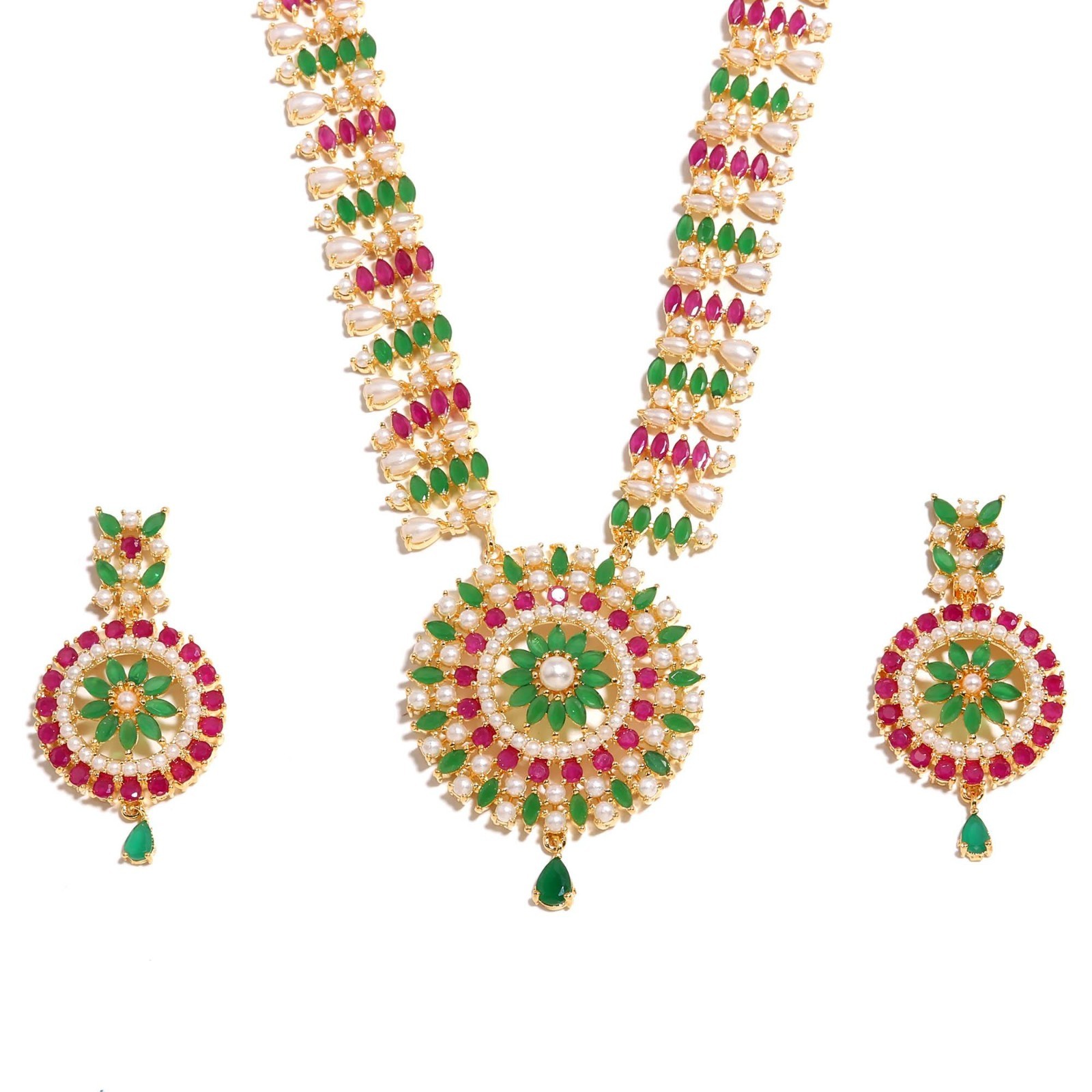 Ruby Emerald Pearl Long Necklace & Earring Set 22K Gold Plated | Wedding Jewelry