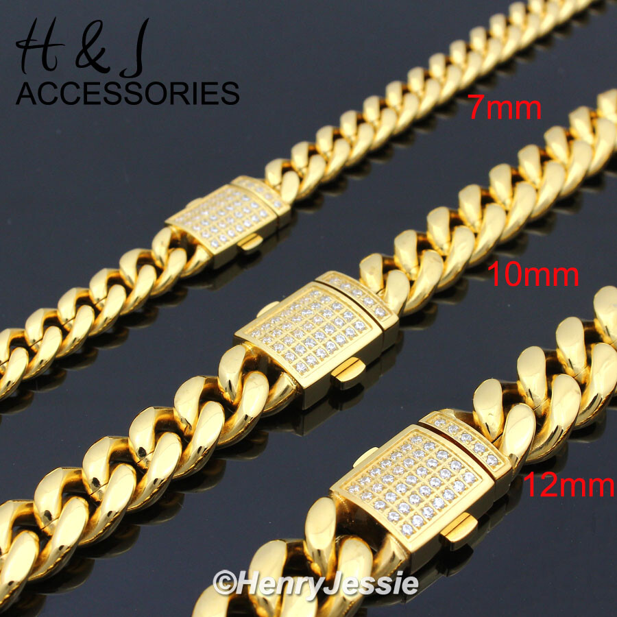 18″-40″Stainless Steel 7/10/12mm Gold Plated ICY CZ Miami Cuban Chain Necklace