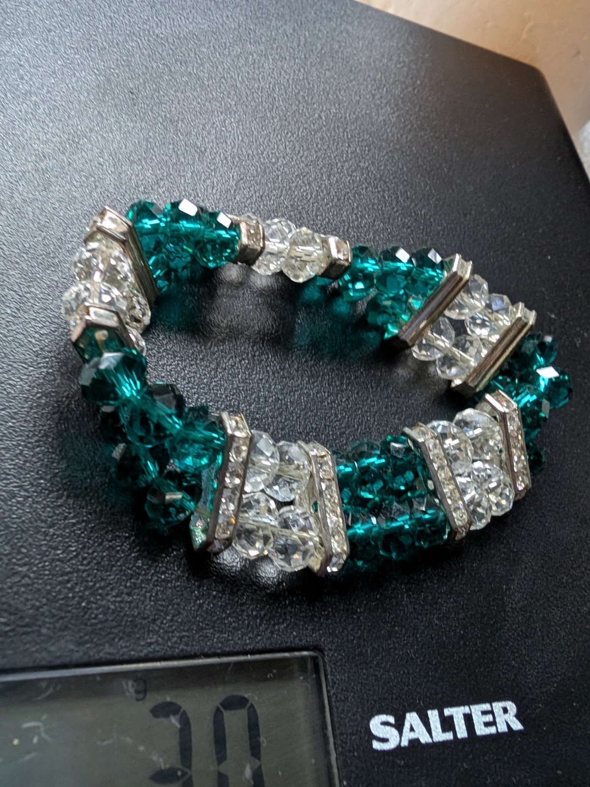 Vintage Green & Clear Beaded + Silver Crystal Spacers Elasticated Bracelet 30g