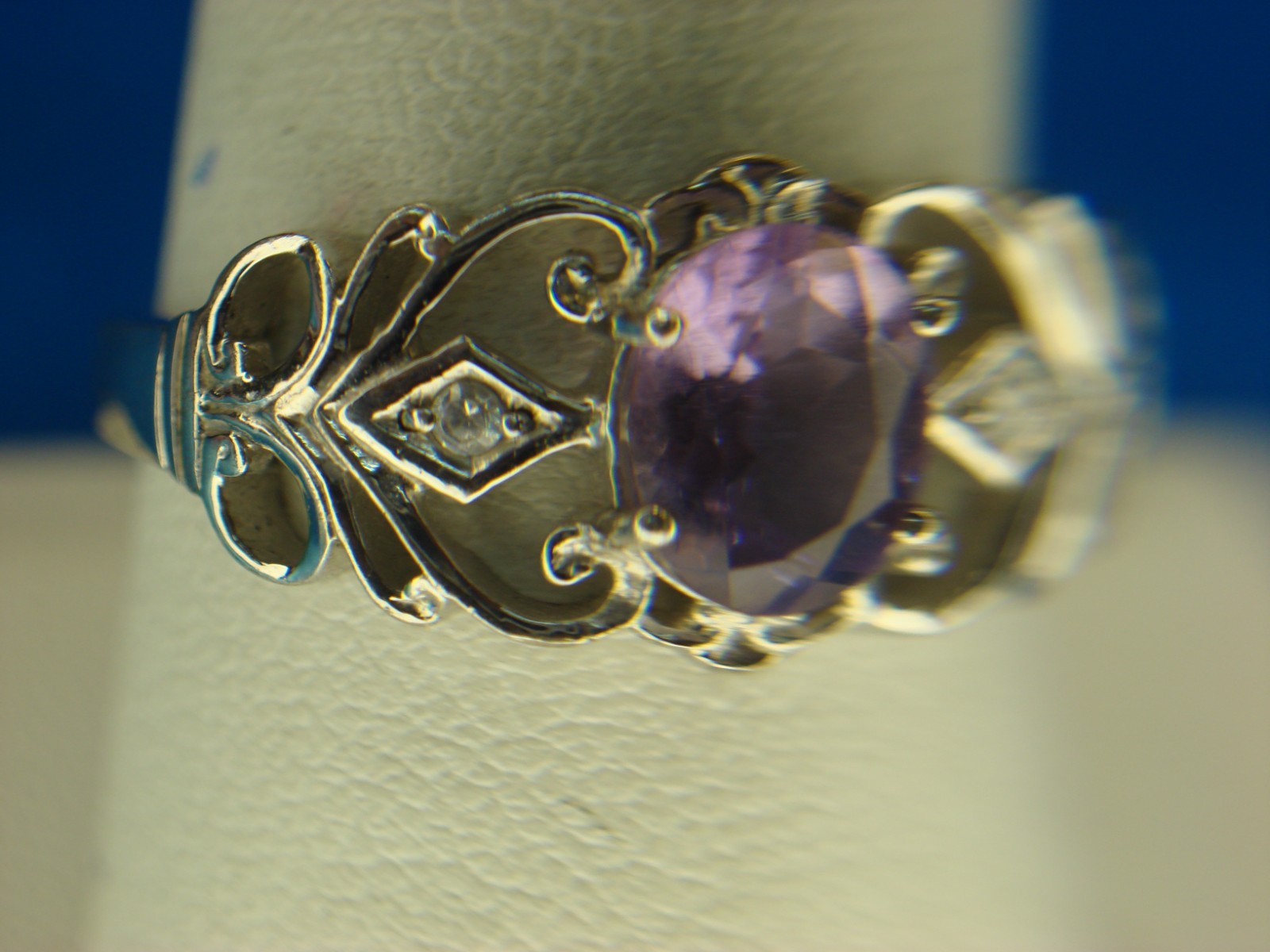 FILIGREE STERLING SILVER RING WITH 6X8 MM AMETHYST & SIM. DIAMONDS