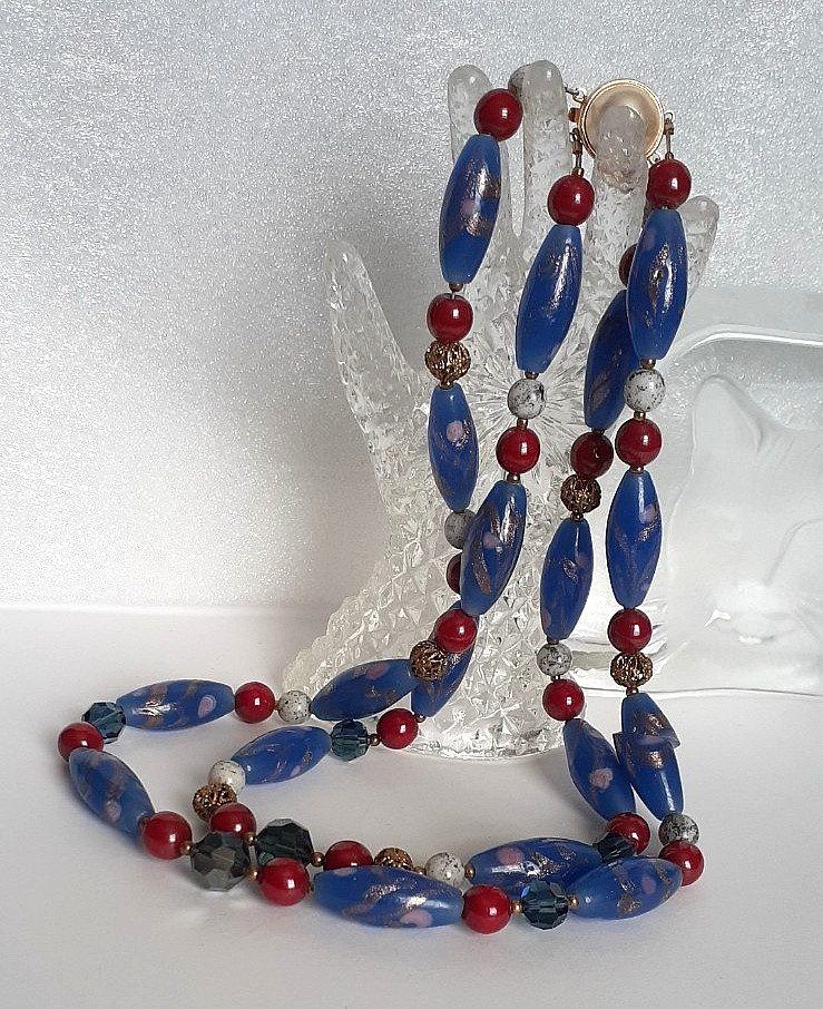 17″ Double Strand Elongated Glass Bead Necklace Blue/Goldflex/Cranberry