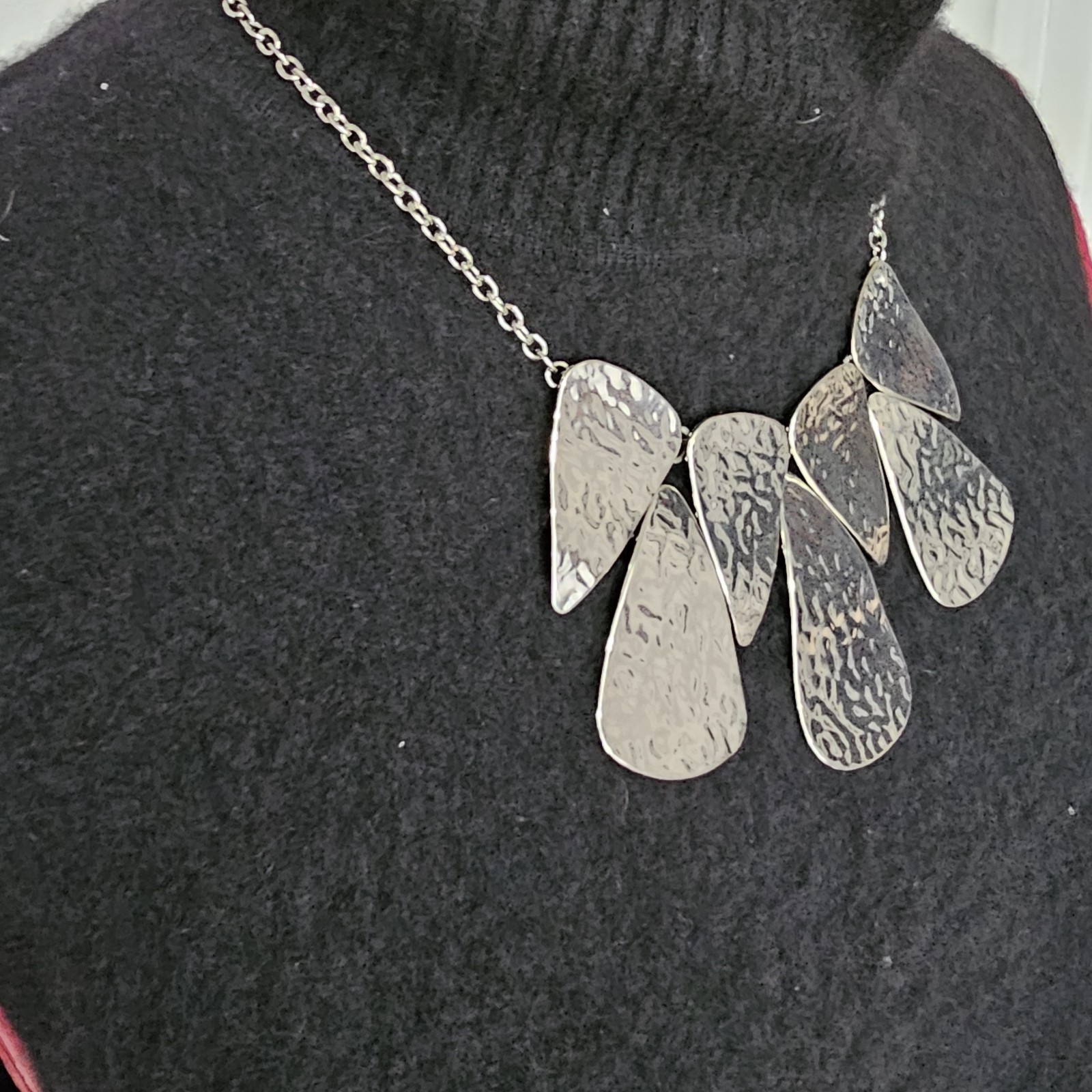 Silver Tone Hammered Metal Statement Bib Necklace Modern Geometric
