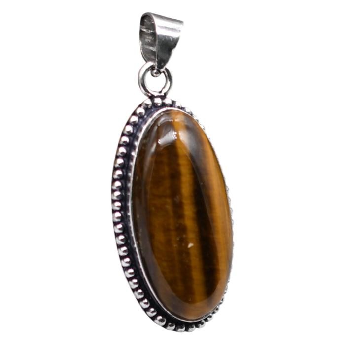 Tiger Eye Natural Gemstone Antique Silver Plated Pendant 2.25″ J 1083