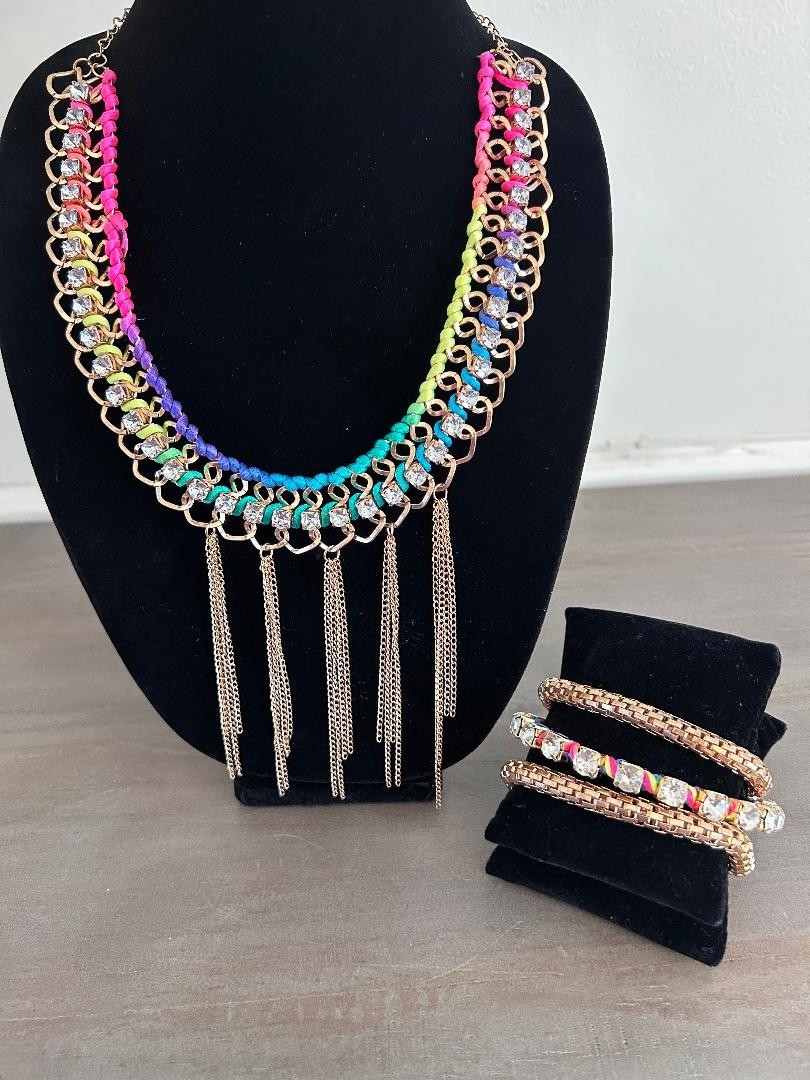 Necklace Bracelet Set Rainbow Color Tassel Gold Tone Hardware Rhinestone Spring