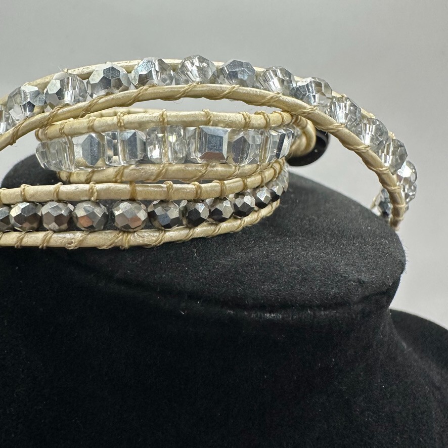 Victoria Emerson Wrap Bracelet Beige on Natural Gunmetal Beads 38 inches Long