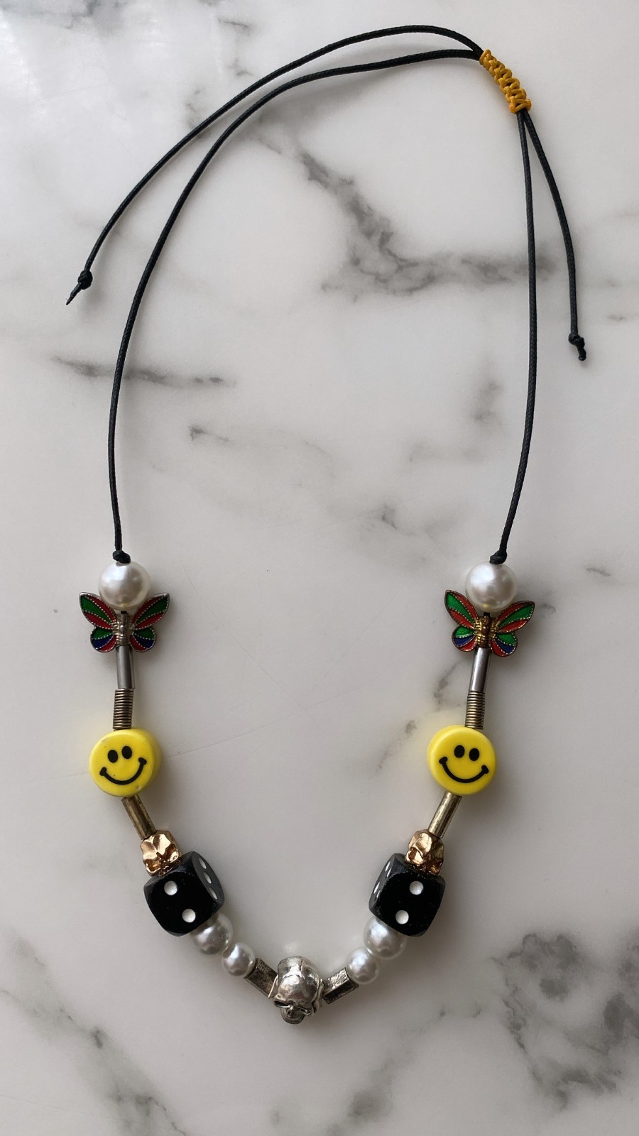 Y2K Smily Face Skull Necklace, Adjustable Cord Beads & Faux Pearl Charm Necklace