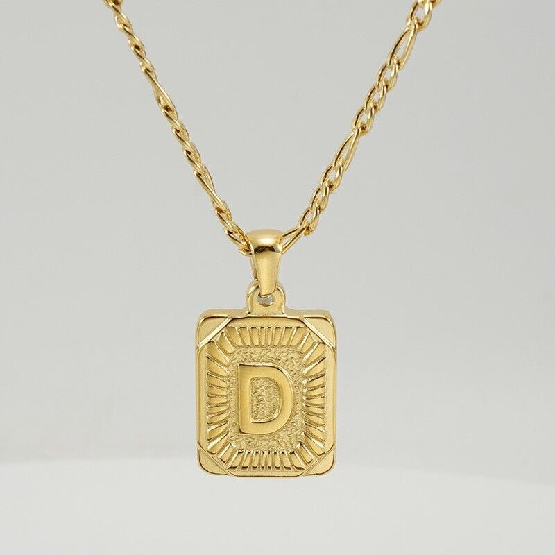 18″ Gold Plated Initial Letter Pendant Necklace Stainless Steel Figaro Chain New