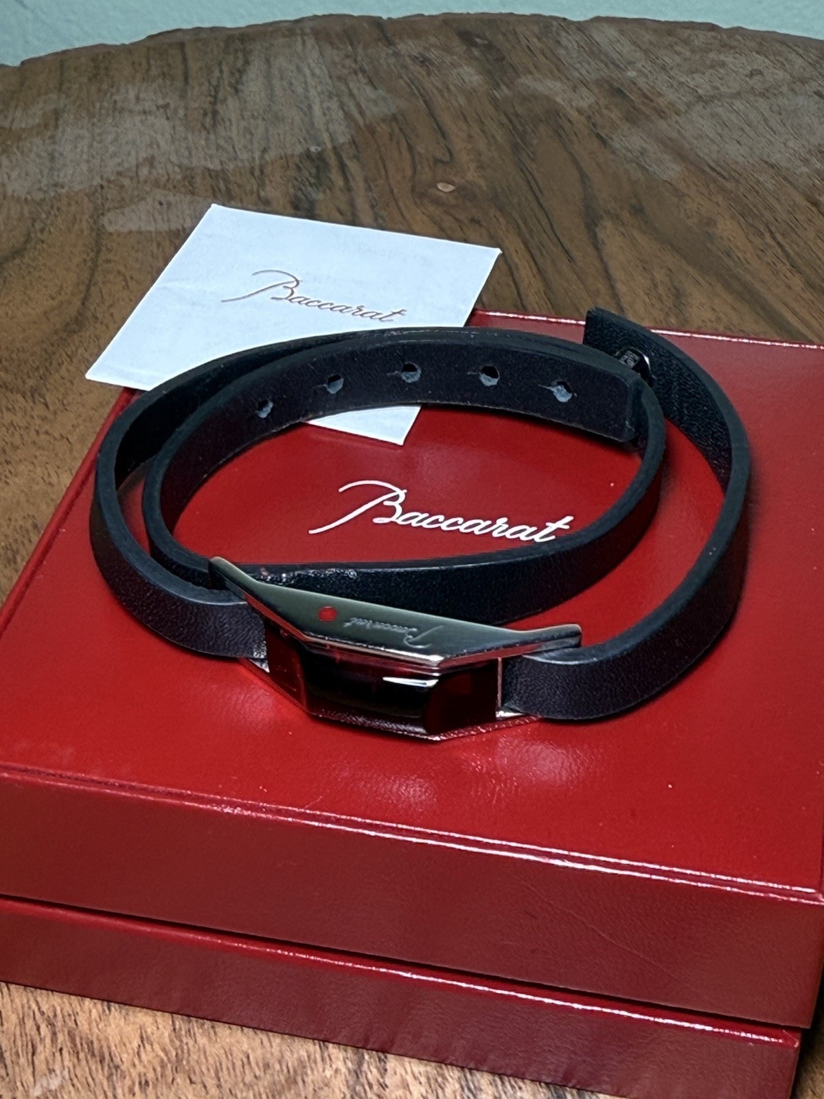 BACCARAT RED CRYSTAL LEATHER CABLE DOUBLE WRAP BRACELET AND S.S .925 / 6.5-7.5”
