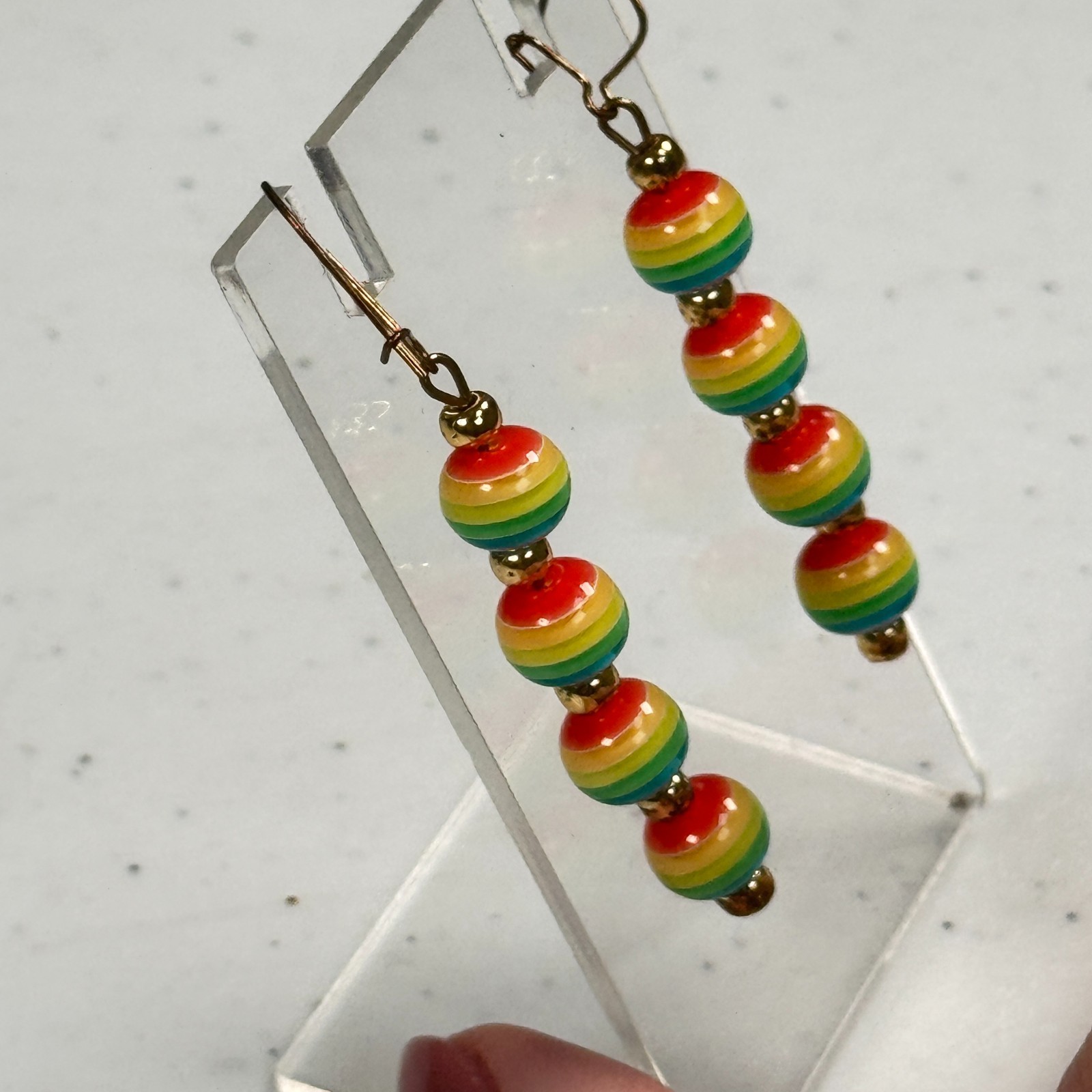 Vintage Pierced Earrings Rainbow Stripe Beaded Dangle Colorful Lucite Mod Retro