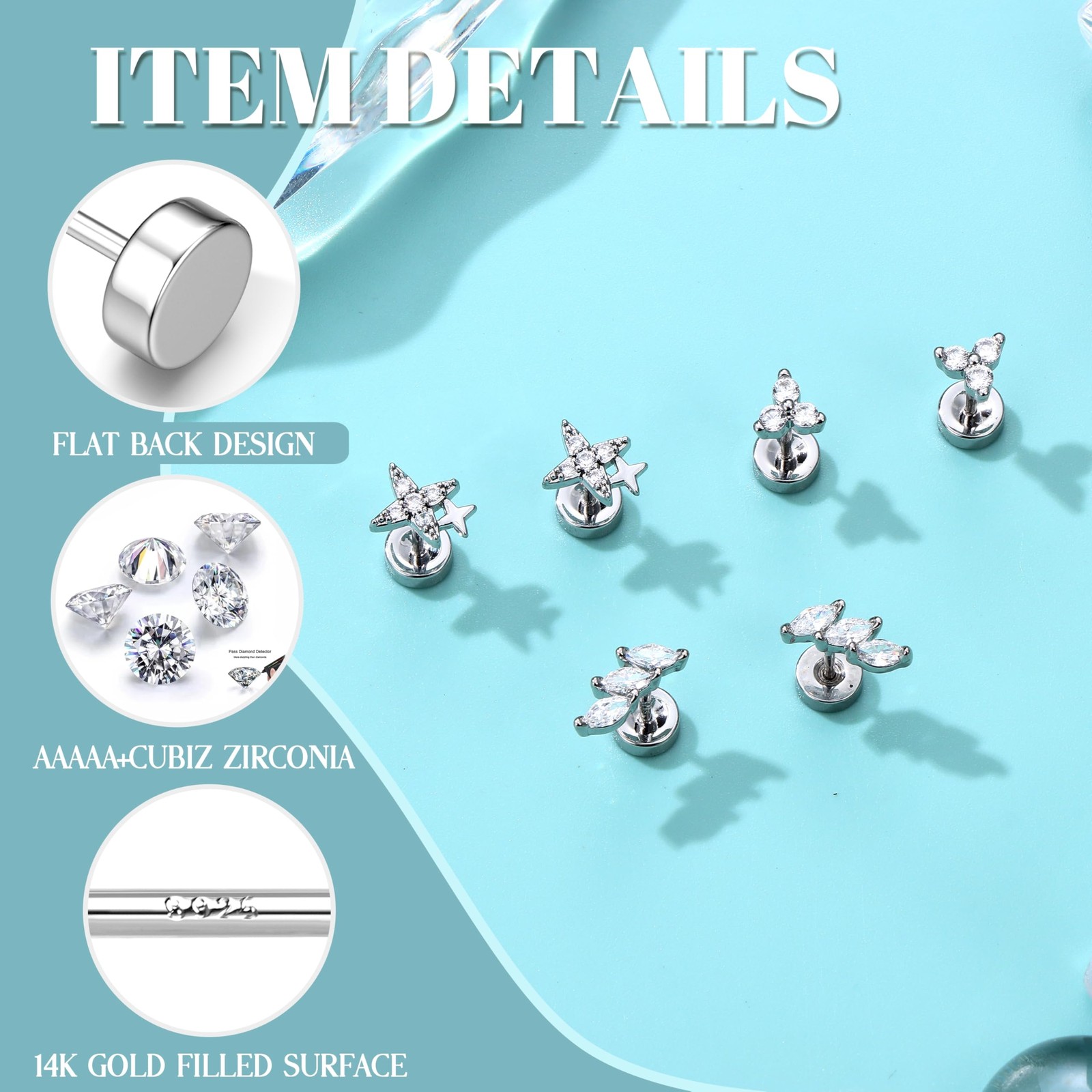 Dochais Flat Back Stud Earrings for Women and Men, Hypoallergenic 14k Gold Pl…