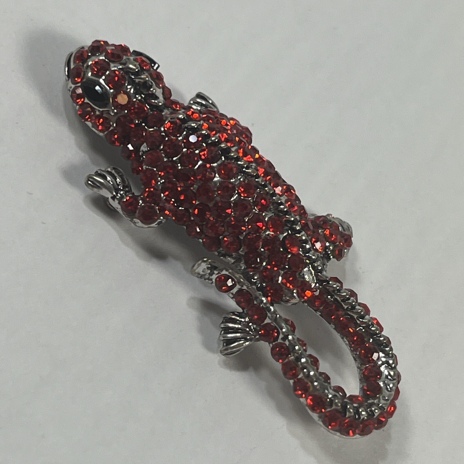 Gecko Red Rhinestone Lizard Pendant 2.25 In Silver