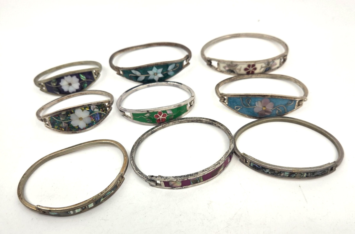 Lot of 9 VINTAGE SILVER ALPACA MEXICO HINGED CUFF BRACELETS