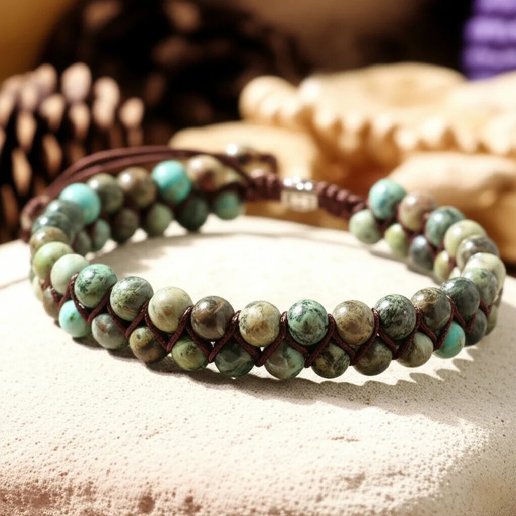 African Turquoise Round Bead Handmade Braided Healing Women Men Bracelet Gift