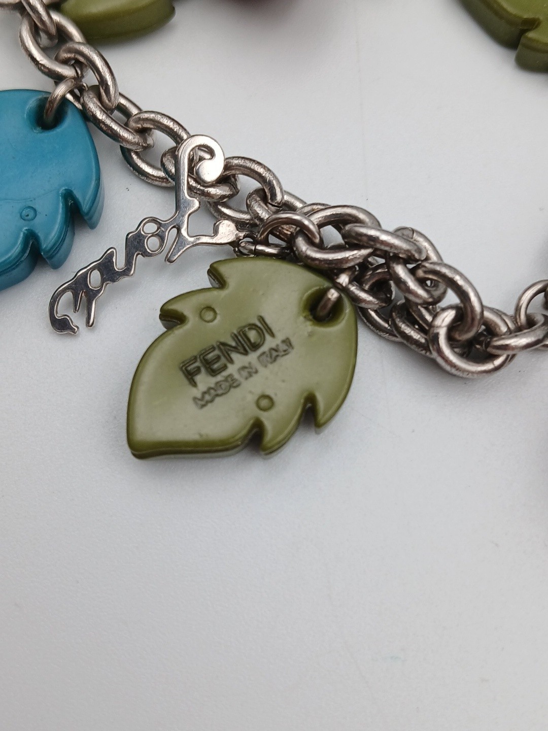 FENDI Dangle Charm Bracelet Acorns Leaves Chain Link Silver Tone READ