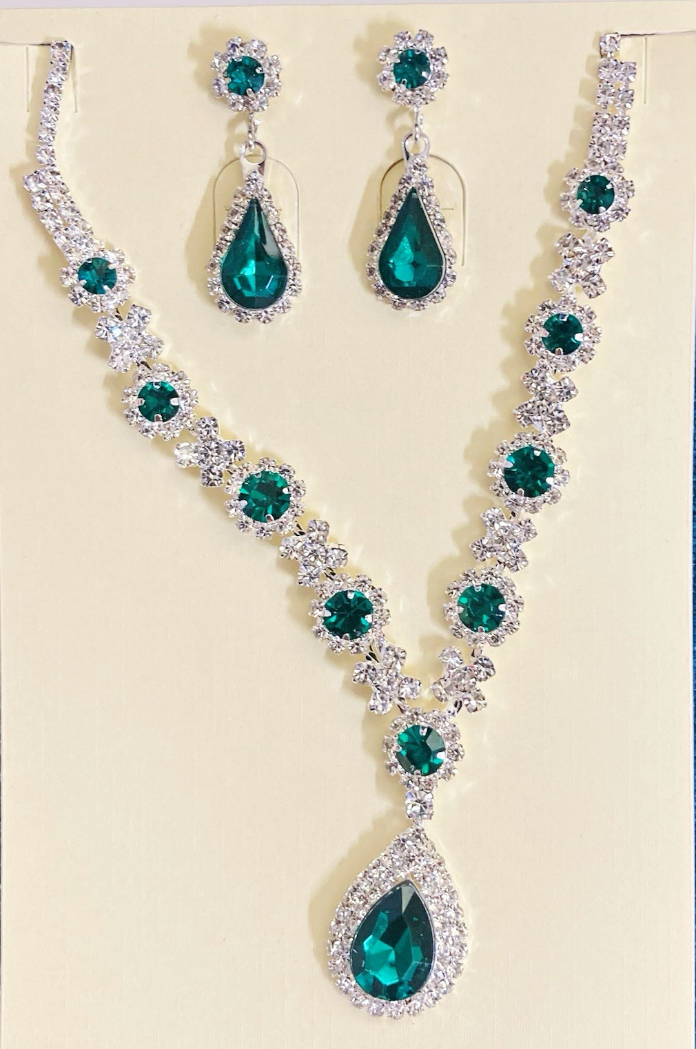 Silver Plated Adjustable Green Teardrop Crystal Necklace & Earrings Set