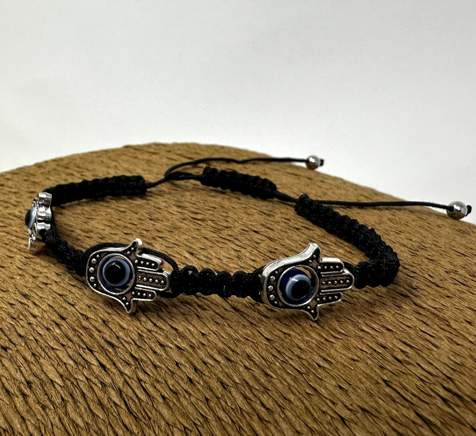 Adjustable Unisex Hamsa Hand Bracelet with Protection Eye Black Macrame Cord