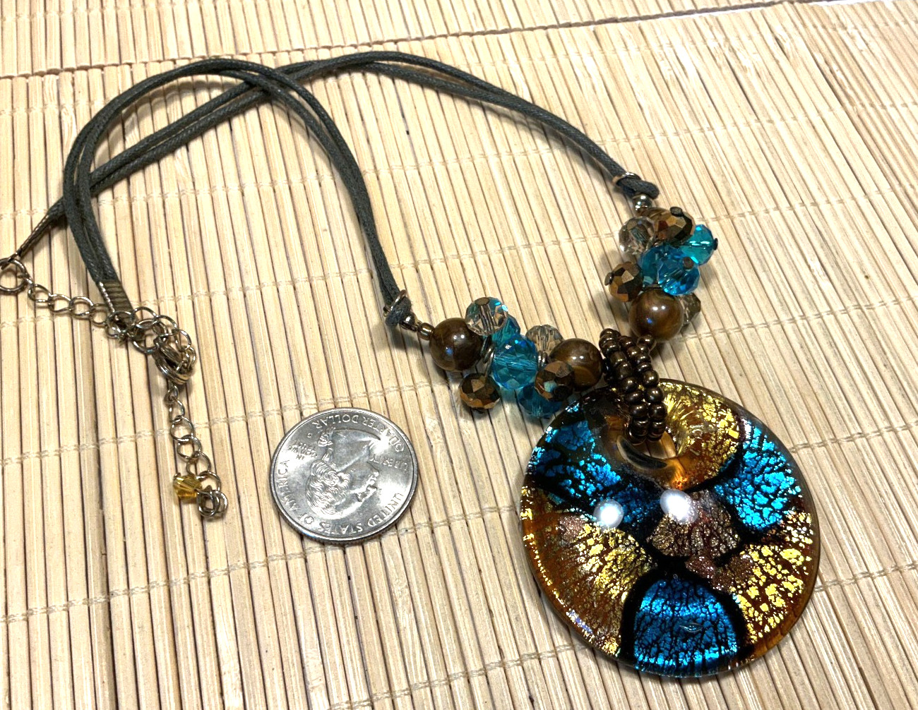 Fashion Necklace Murano Glass Turquoise Gold Foil Brass Gold Choker Lot 103C