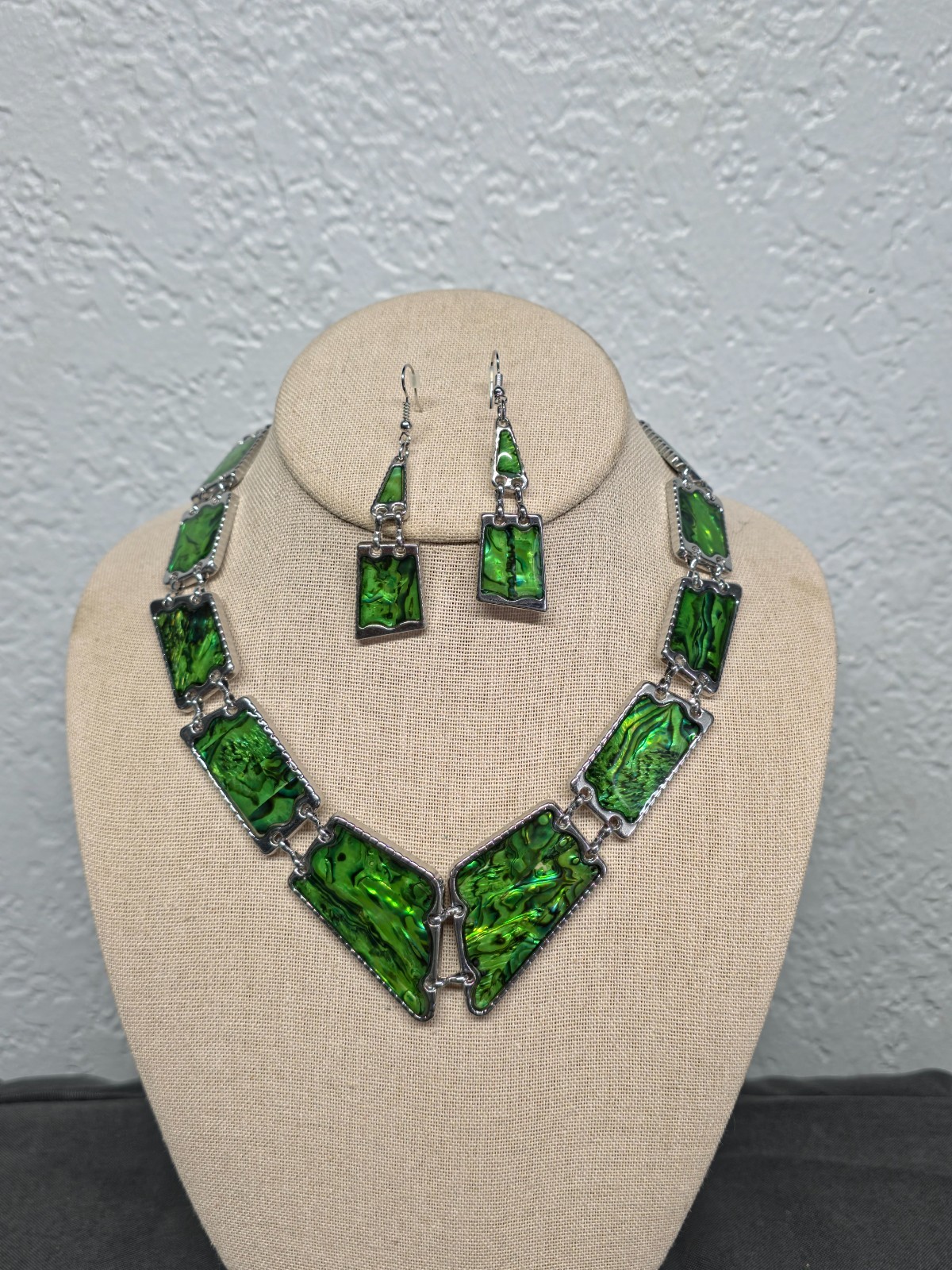 Artisan Abalone Shell Necklace Earring Set Silver Tone Rectangle Mosaic 16-18″