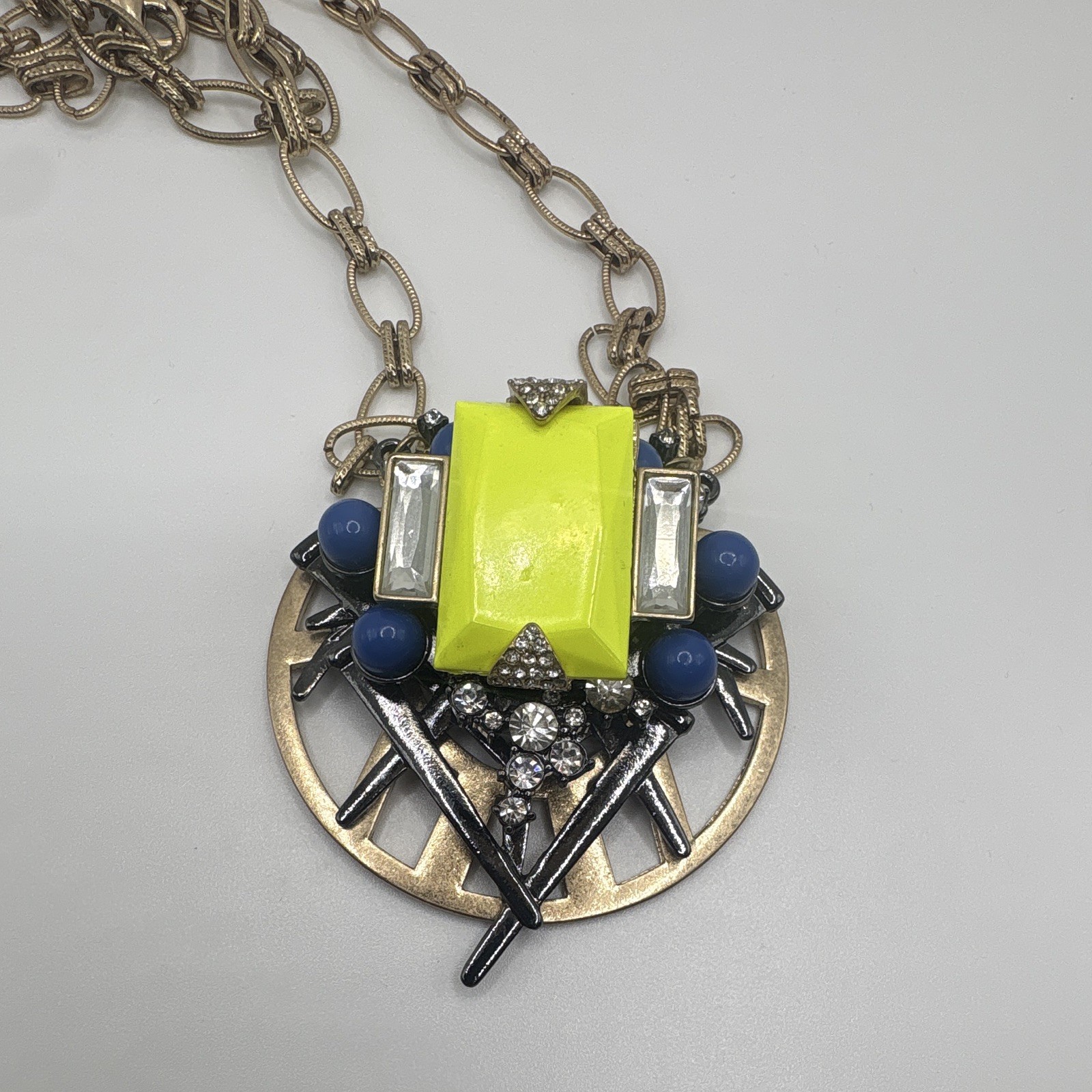 Silver Tone Cable Chain Necklace Round Charm Pendant Yellow & Blue Crystal