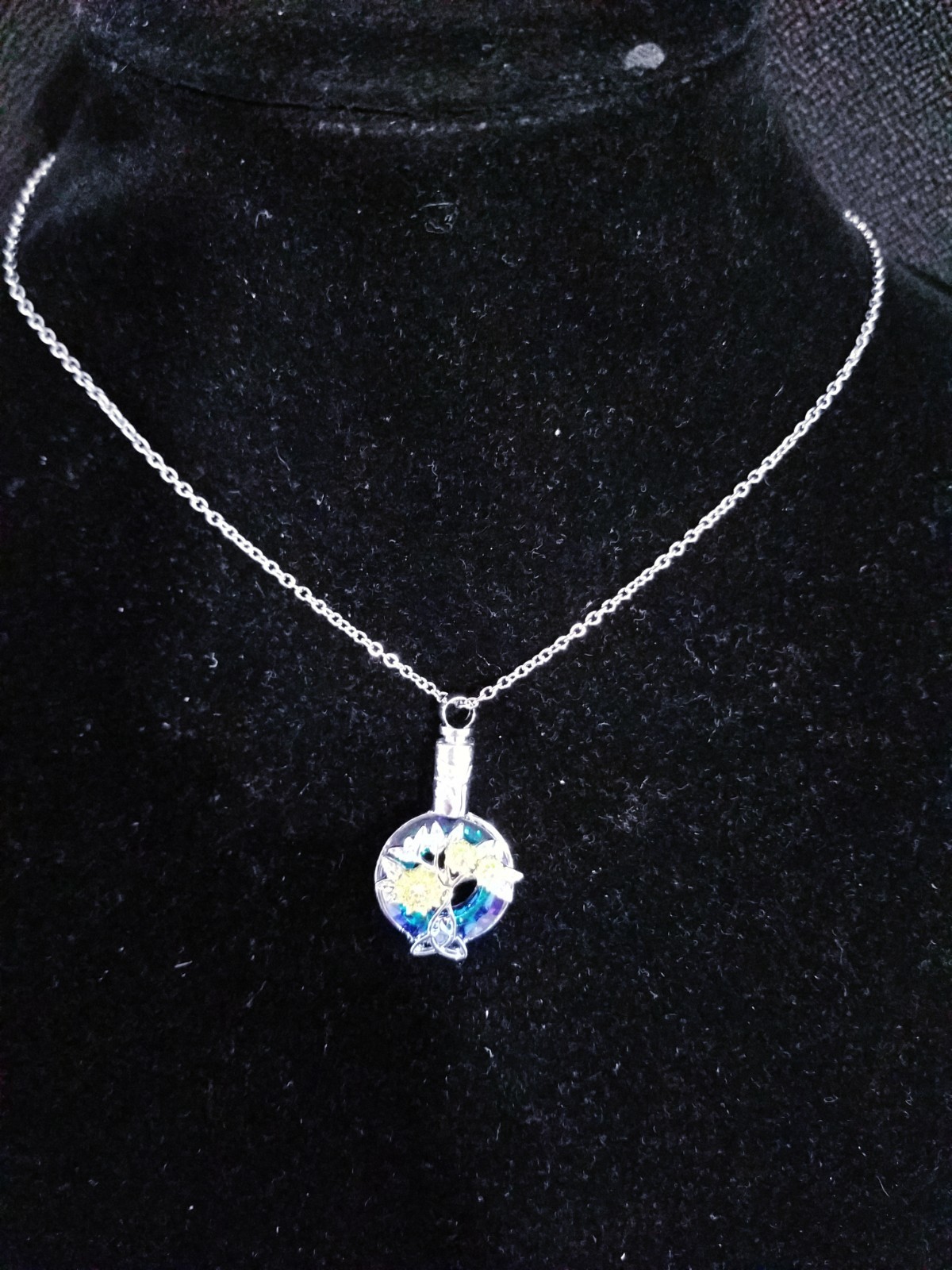Silver Tone Urn Cremation Memorial Necklace Sunflowers Pendant for Ashes Blue