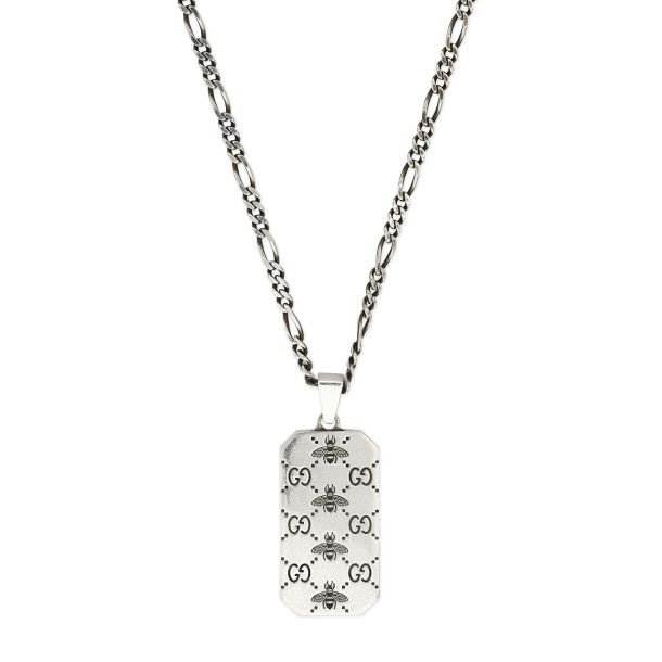 Gucci GG and Bee Engraved Sterling Silver Dog Tag Pendant Necklace