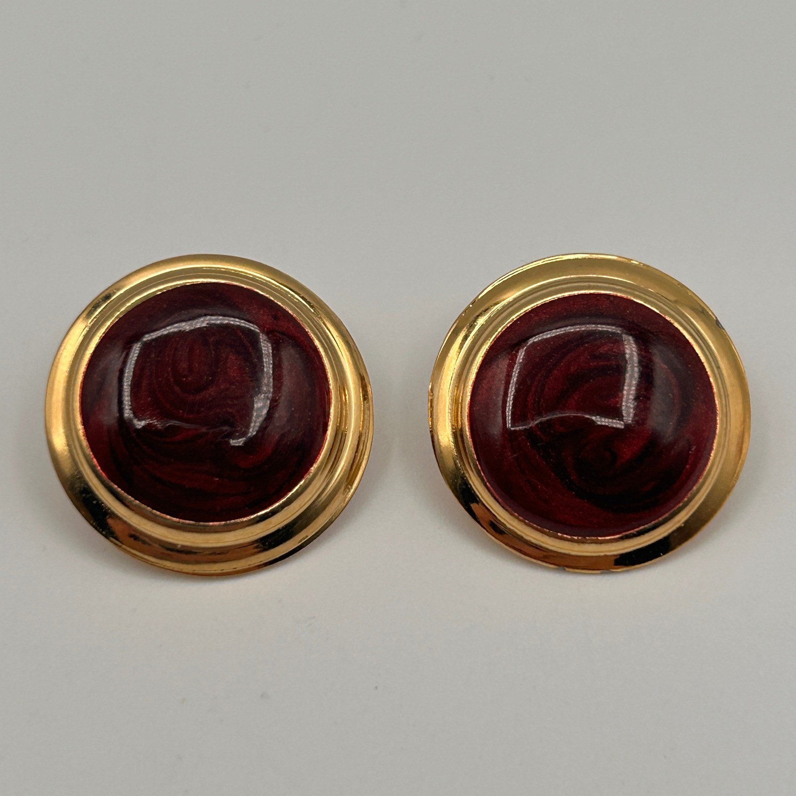 Vintage Gold Tone Burgundy Red Enamel Round Button Stud Earrings 1 Inch