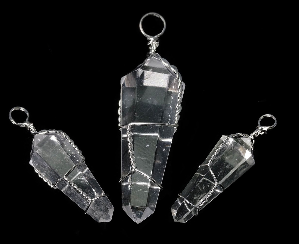 Natural Clear QUARTZ Crystal Wire Wrapped Pendant Double Point & BLACK NECKLACE