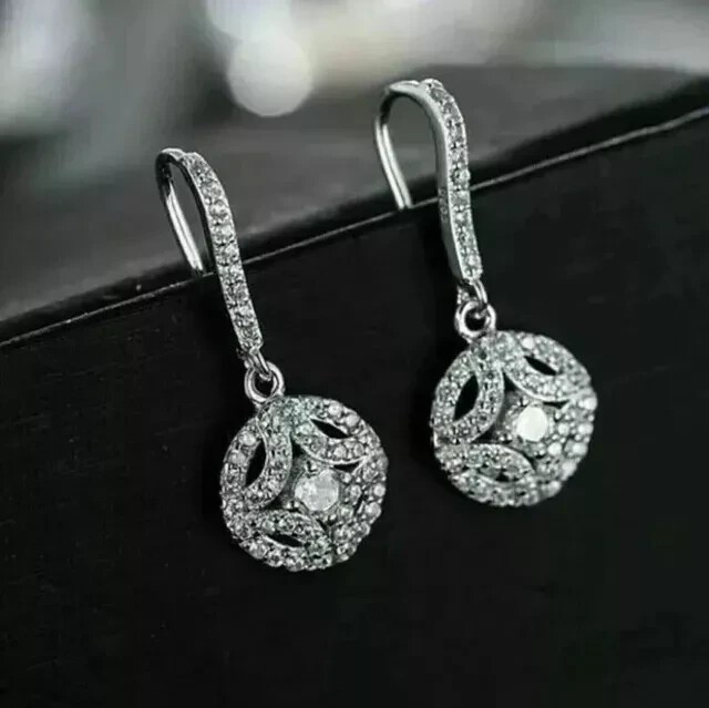 2 Ct Round Cut Simulated Diamond Drop Dangle Earrings In 14K White Gold Plated