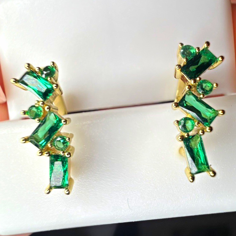 18K Gold Filled Emerald Green CZ Ear Climber Huggie Earrings