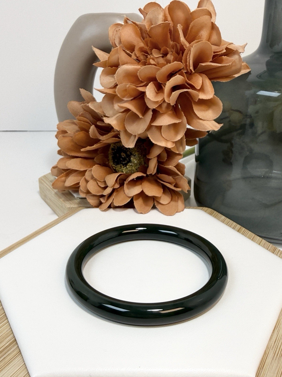 Hetian Jade Dark Green Hard Bangle Size: 56.6MM Width: 8.2MM w/Certificate