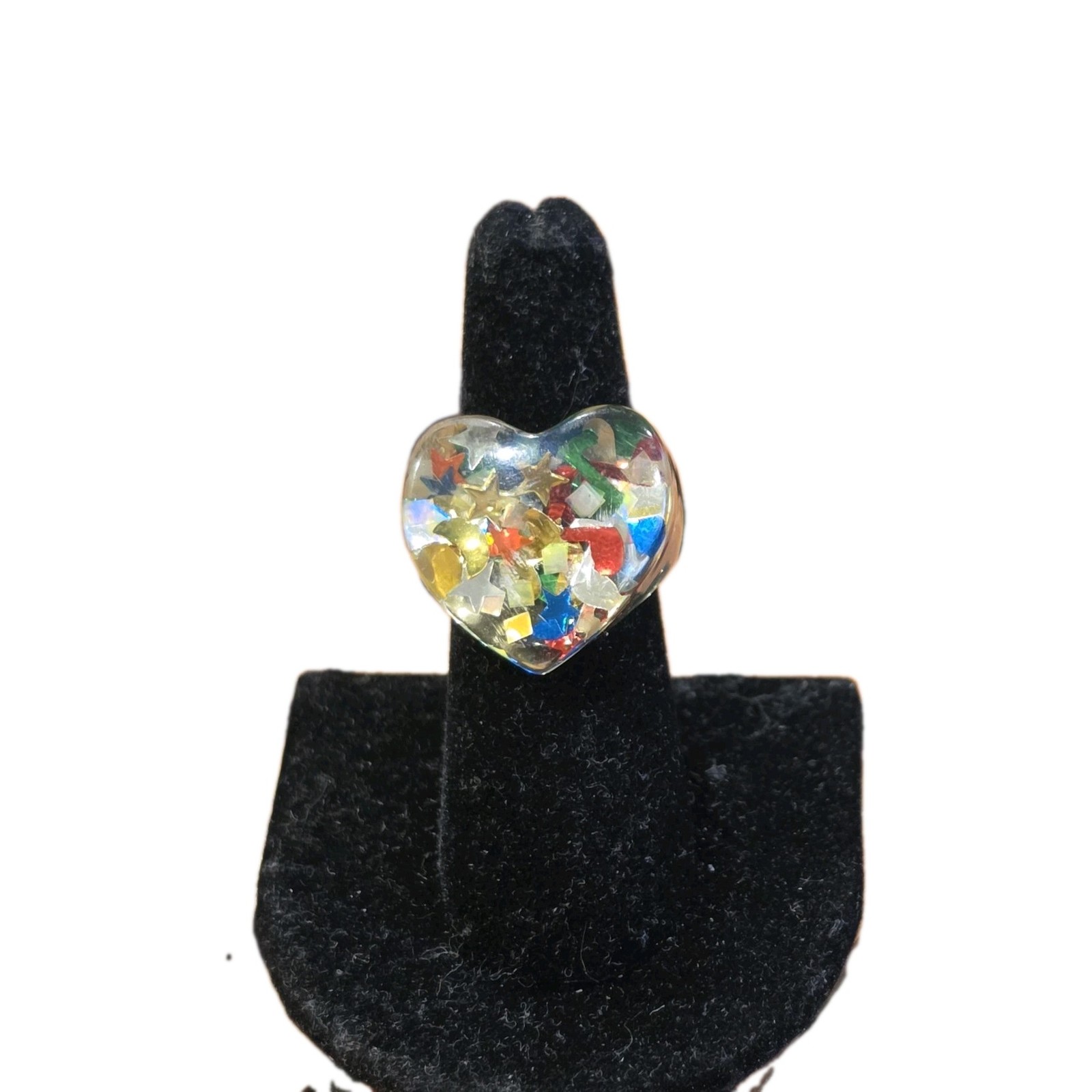 Vintage Clear Resin/ Lucite Heart Ring Size 6.5 Colorful Confetti Glitter Chunky