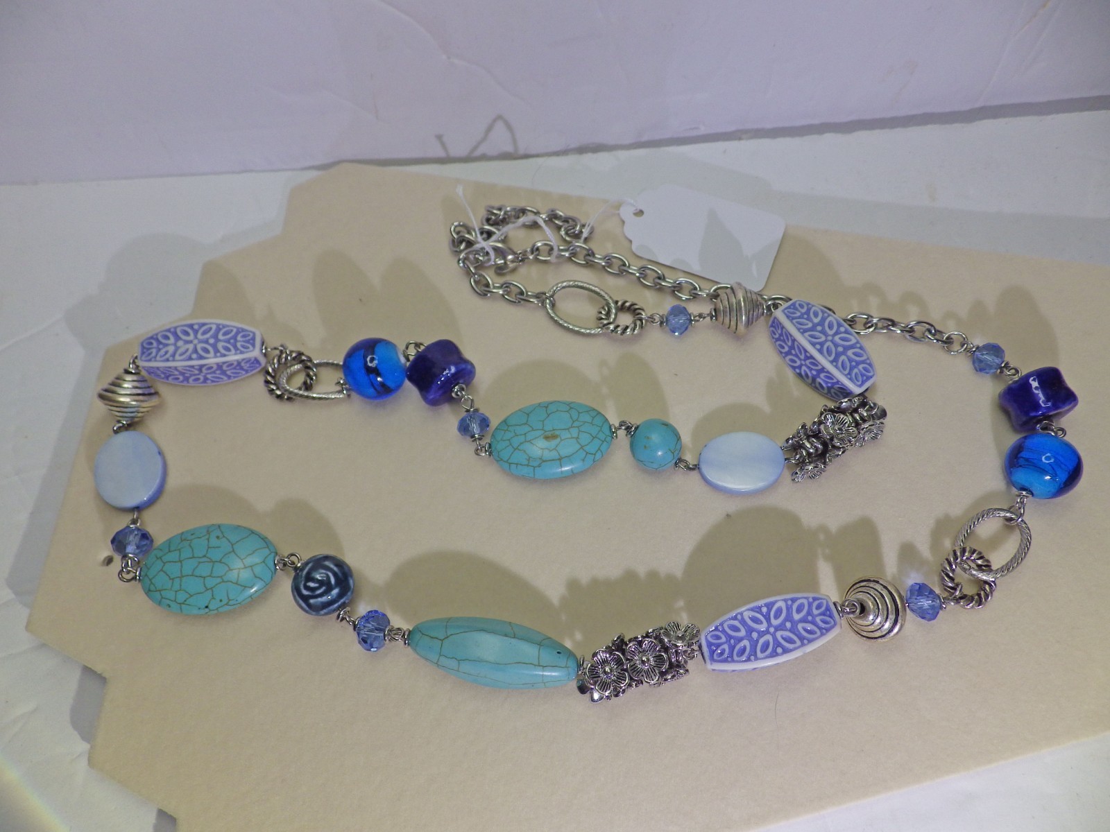 Premier Design Blue Lagoon Faux Turquoise & Silver Beads Long Necklace 35″ 620E2