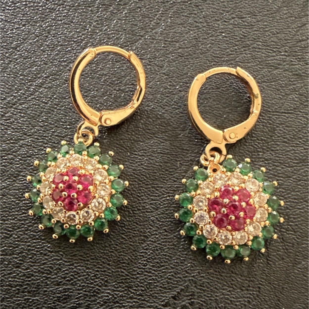 Gold Tone Pavé Round Stone Cluster Huggie Hoop Dangle Earrings Green Pink