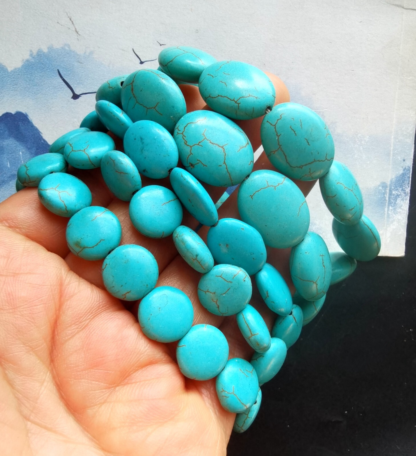 5pcs howlite turquoise stone,coin,oval,beaded bracelet,man woman gift jewelry A9