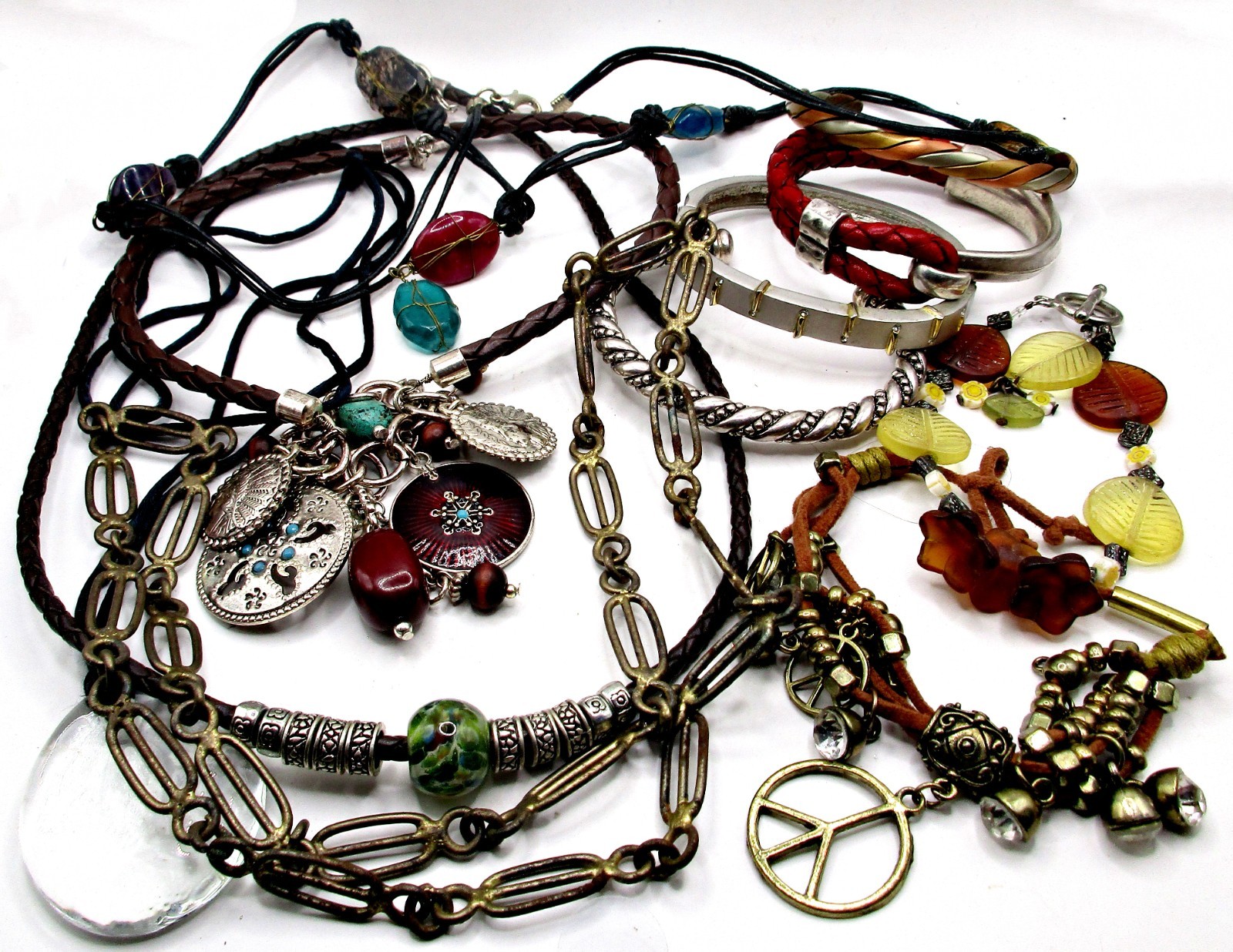 Vintage 11pc Lot Silver, Copper, Glass Bracelets, Charms & Glass Cord Necklaces