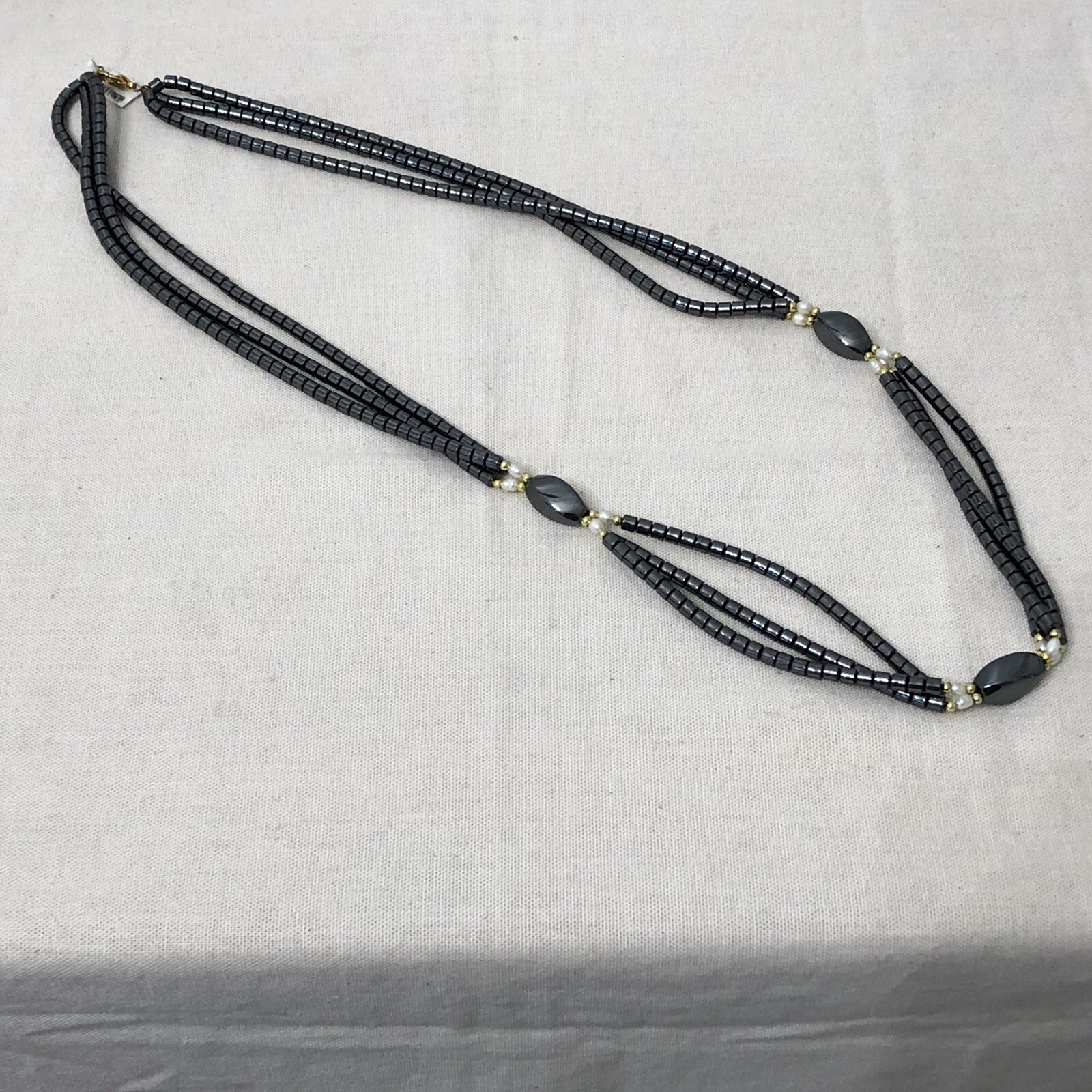 Triple Strand Hematite Stone Necklace Faux Pearls & Goldtone Spacers Length 32”
