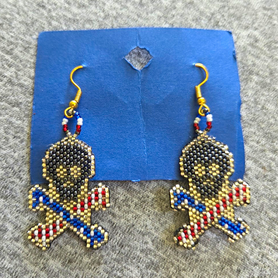 Prison Made Jolly Roger Dangle Drop Hook Beaded Earrings Red White Blue Gunmetal