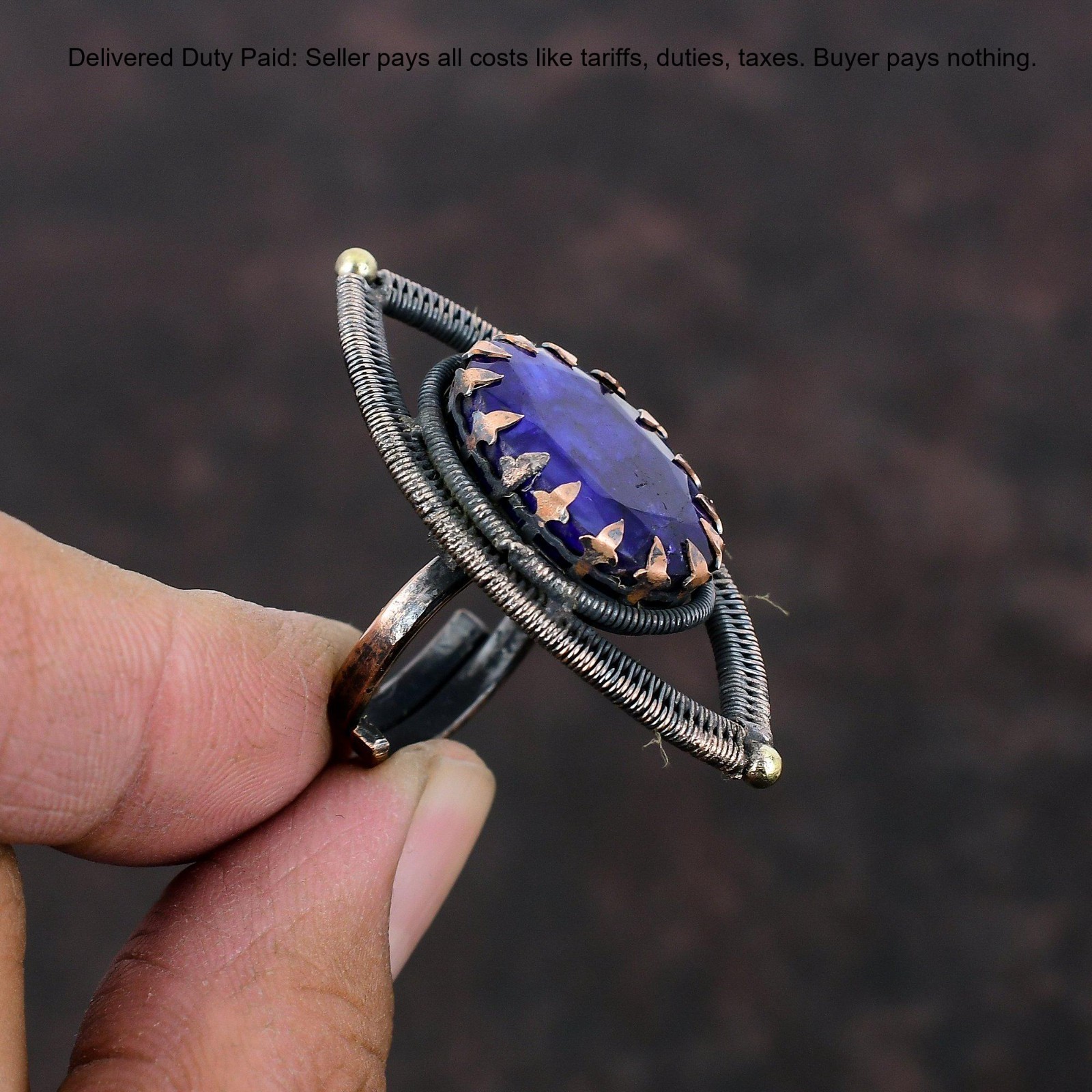 Oval Blue Saphire Stone Copper Statement Wedding Wire Wrapped Promise Wife Ring