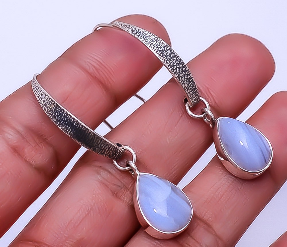 Blue Lace Agate – Namibia Designer Handmade 925 Sterling Silver Earring 1.76″ E2