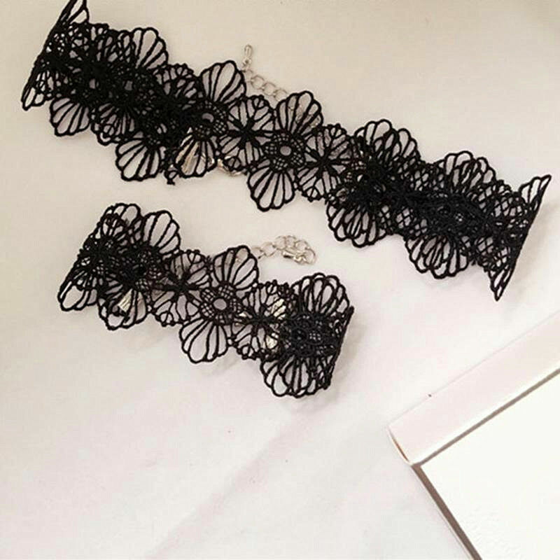 Retro Women Black Lace Flower Choker Necklace Bracelet Punk Gothic Jewelry Set