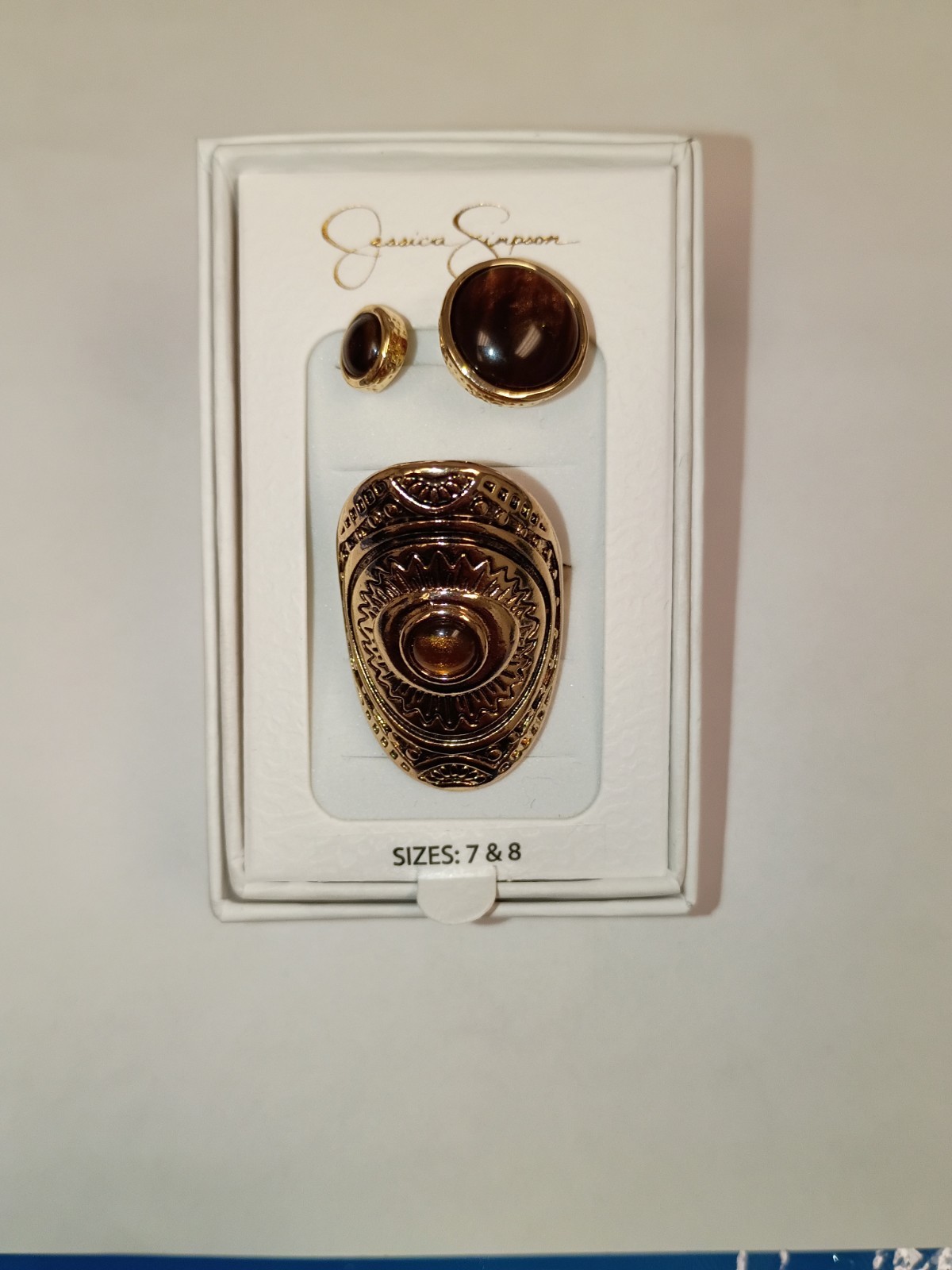 Jessica Simpson Tiger’s Eye Jewelry Set Gold Tone Ring Sizes 7/8 Earrings