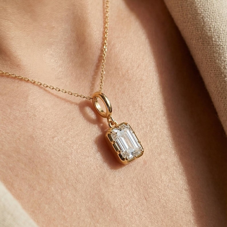 1.50 Ct Emerald Cut Lab Grown Diamond Pendant Bezel Set Anniversary Gift For Her