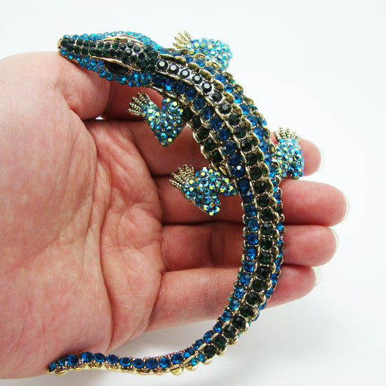 Fashion Huge 4.4″ Cyan Alligator Brooch Pin Rhinestone Crystal Crocodile Pendant
