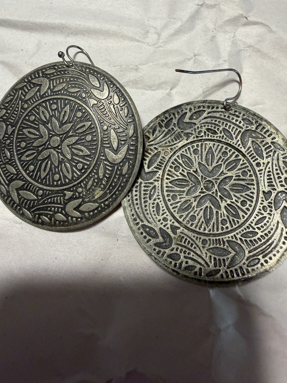 Silver Tone Engraved Round Disc Dangle Drop Earrings Hook Closure No Stone