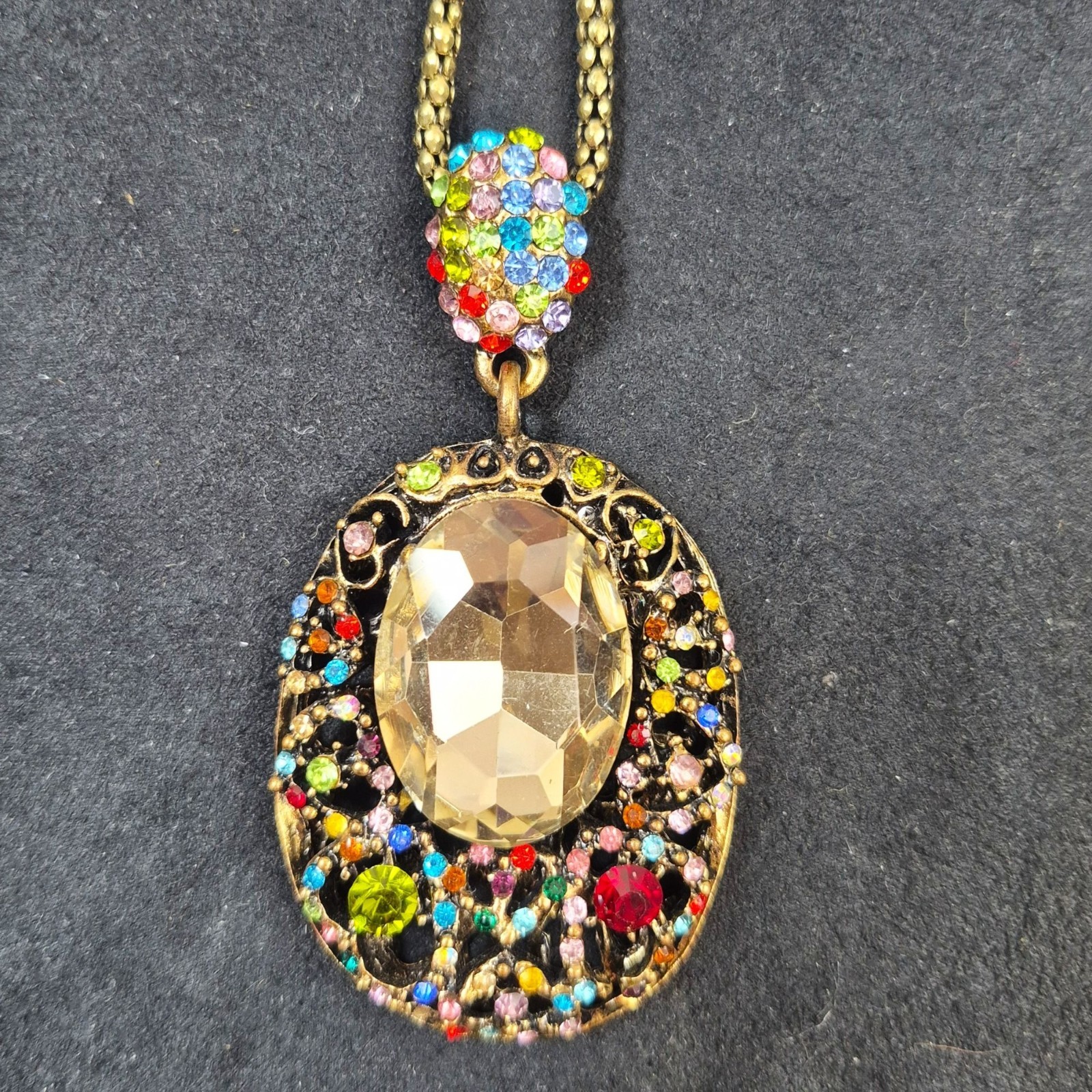 Gold Tone Multicolor Rhinestone Statement Pendant Necklace Large Oval 31 in Adj