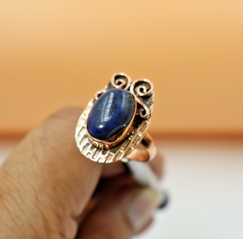Lapis Lazuli Handmade Healing Textured Ring Copper Spiritual Boho Design US”6.25