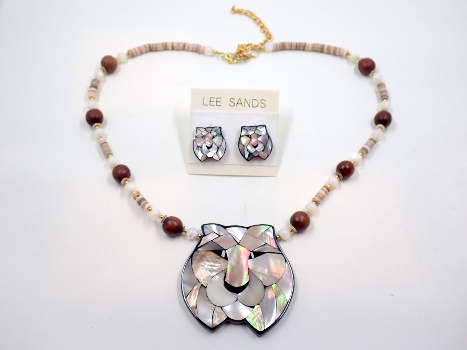 Lee Sands Lion Pendant Necklace Beaded with Earrings