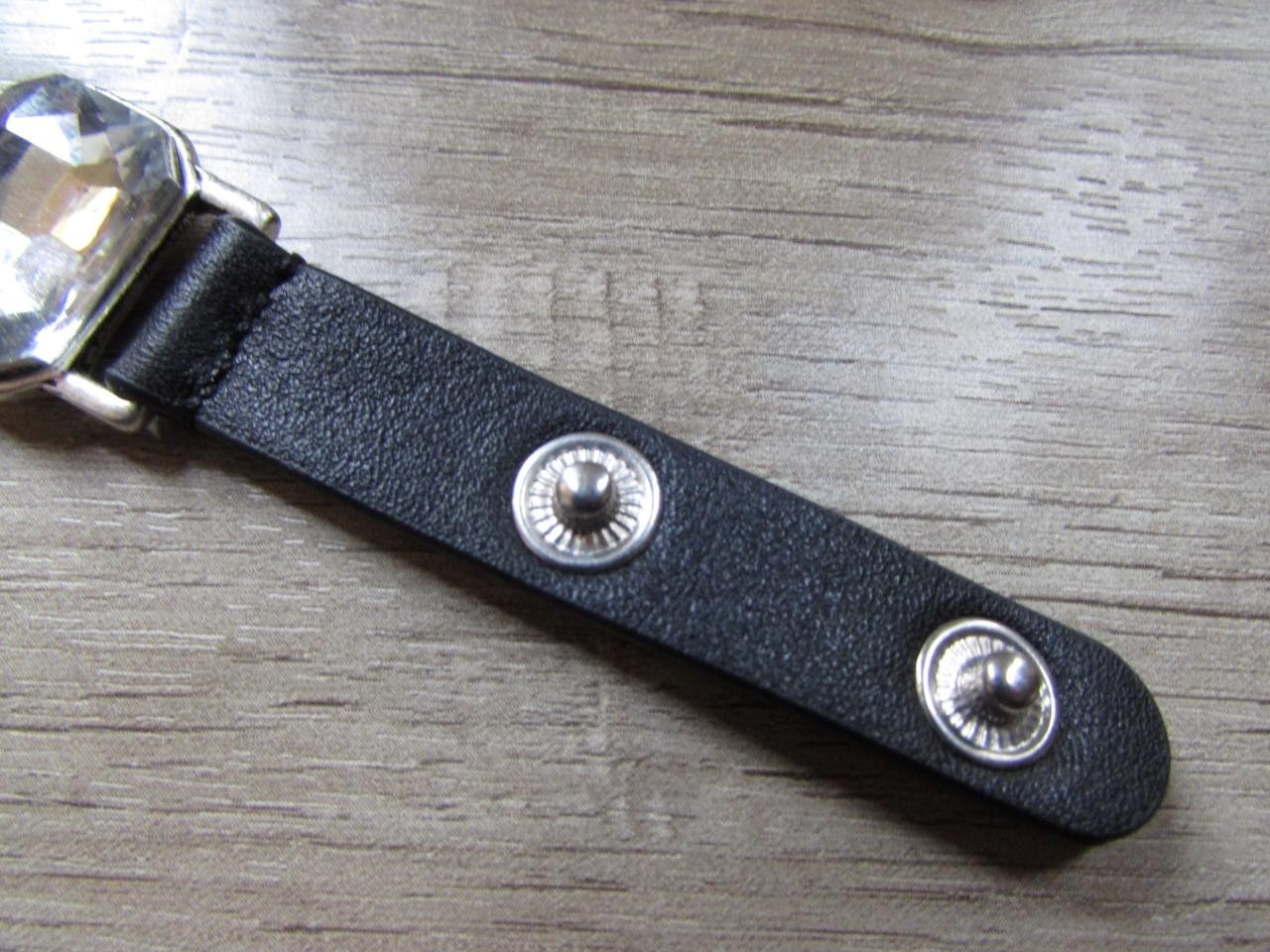 Black Faux Leather Bracelet w/ Clear Rhinestones and Silver Tone Hardware